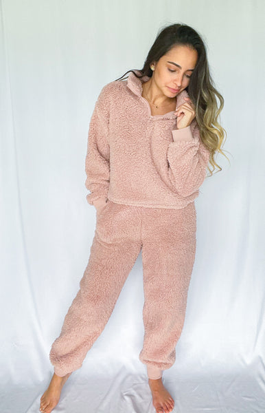 Teddy Fur Sweater and Pant Set-Mauve